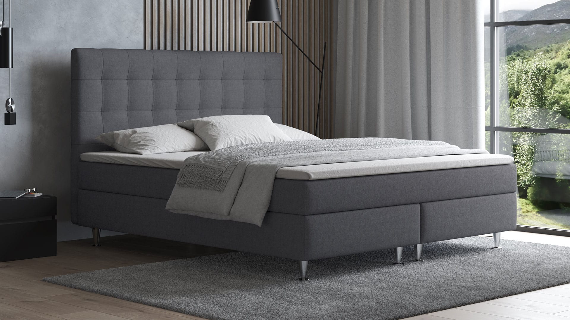 Boxspringbett 180x200 cm in Anthrazit bei Tageslicht