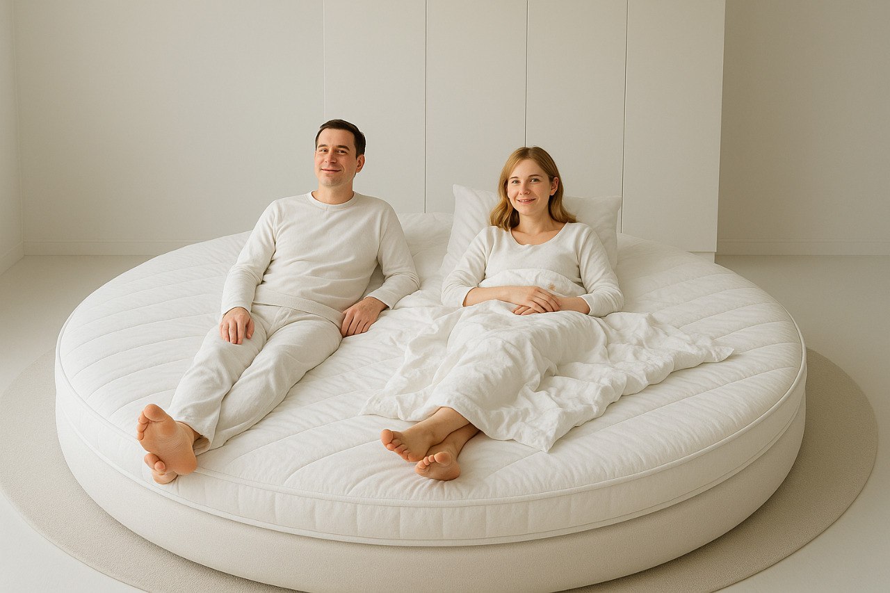 Maßgeschneiderte runde Matratze mit 180 cm Durchmesser in einem Designbett aus Stoff