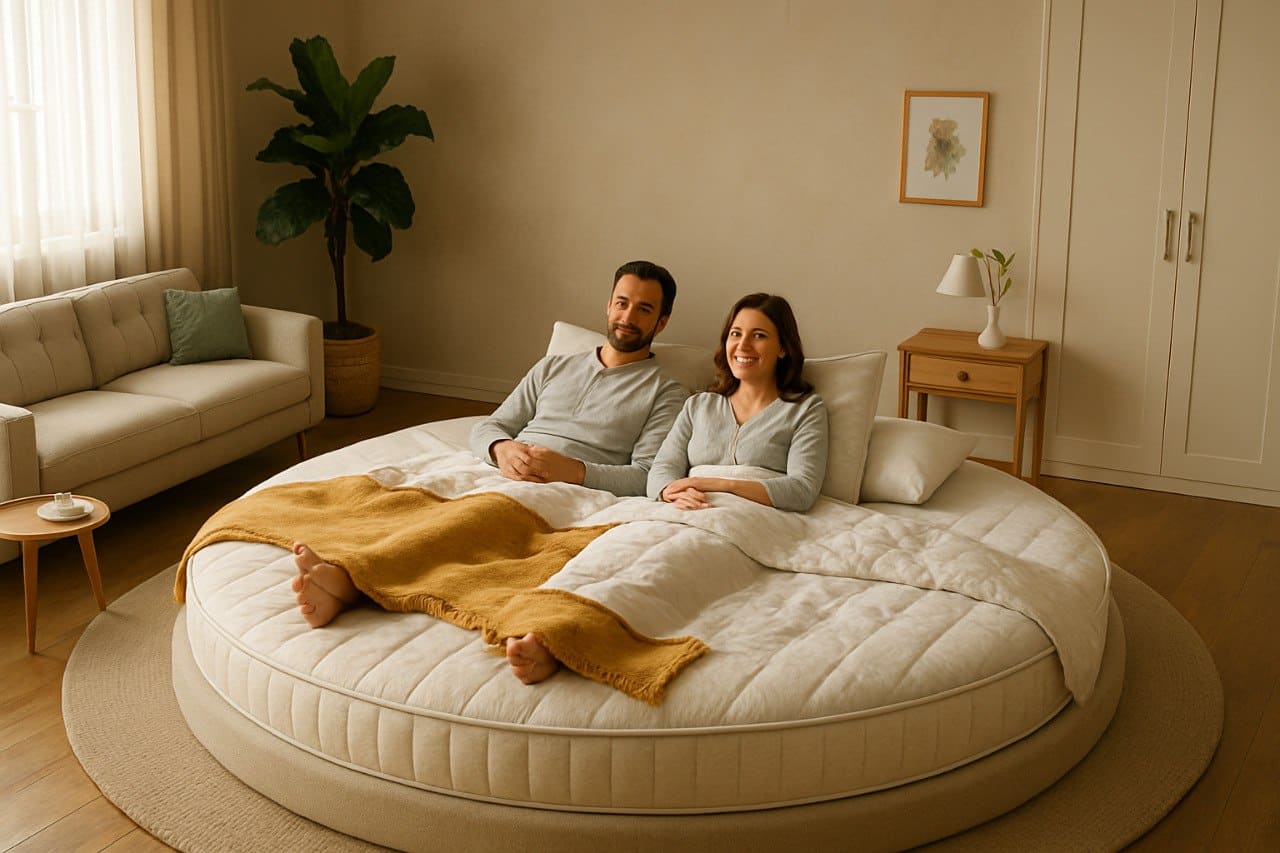 Runde Kaltschaummatratze mit 200 cm Durchmesser in einem modernen Schlafzimmer