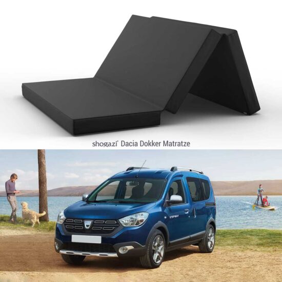 Dacia Dokker mit Matratze 120x190 cm am See geparkt, Spaziergänger mit Hund im Hintergrund