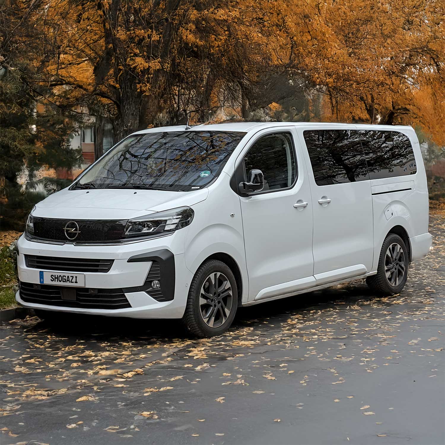 Opel Zafira parkt an einer Straße mit herbstlichen Bäumen und gelben Blättern – Matratze 116x192 cm für Camping und Vanlife