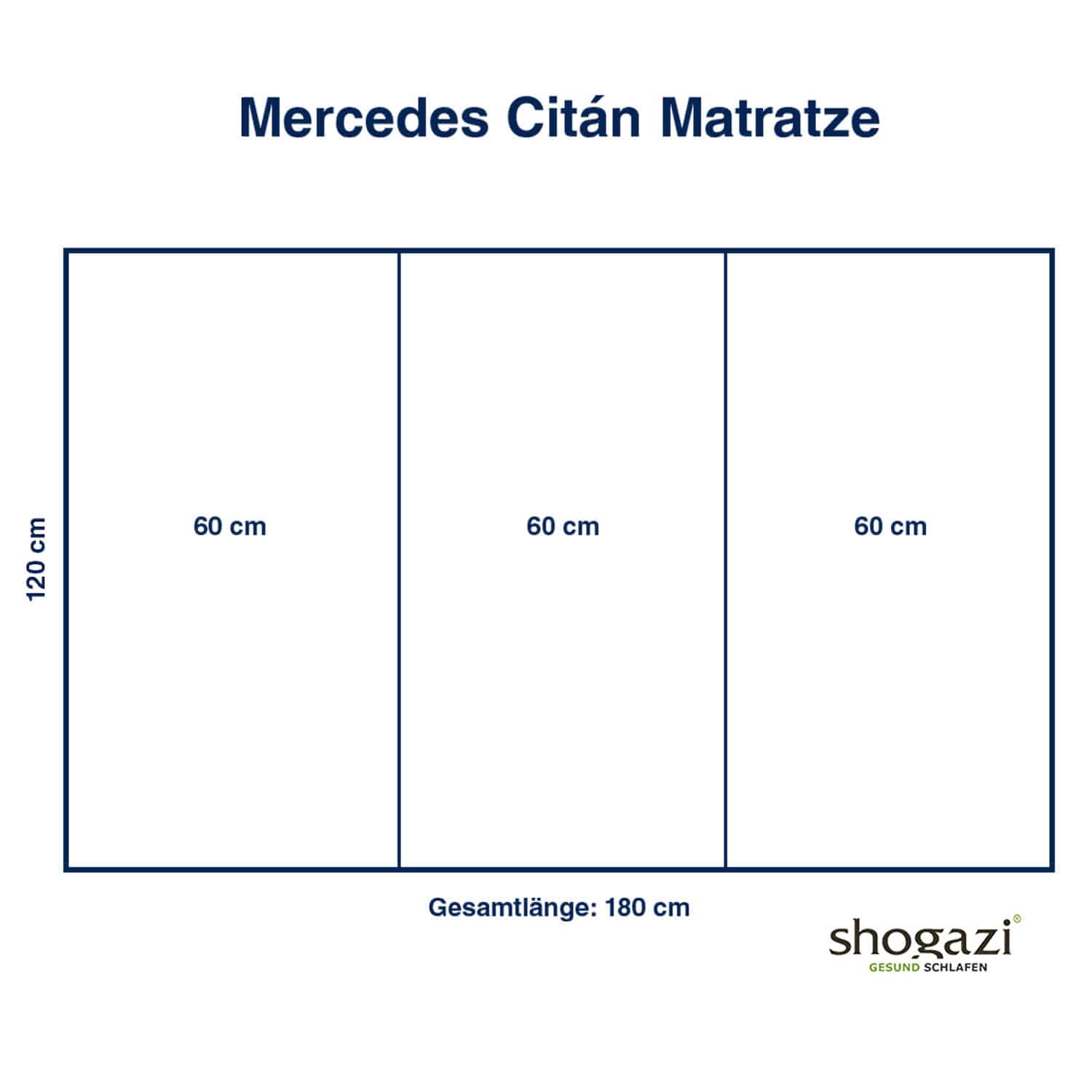 Skizze der faltbaren Campingmatratze für Mercedes Citan mit 120x180 cm – ideal für Van-Ausbau und Campingumbau.