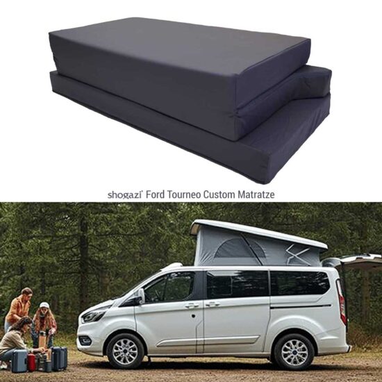 Ford Tourneo Custom Matratze – Faltbare Kaltschaummatratze vor Ford Tourneo Camper mit Aufstelldach