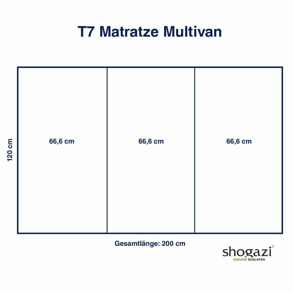 Skizze der VW T7 Matratze mit genauen Maßen 120x200 cm