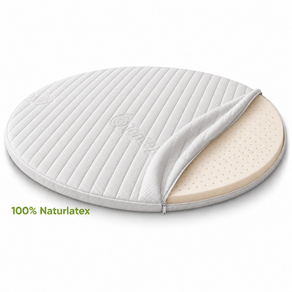 Runder Naturlatex-Topper DREAM mit geöffnetem Bezug und Naturlatexkern
